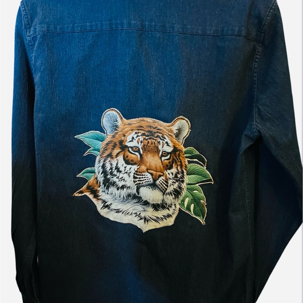Denim Button-Down Shirt w/ Embroidered Tiger Back | Size L - Made by Aloha - Picture 2 of 4